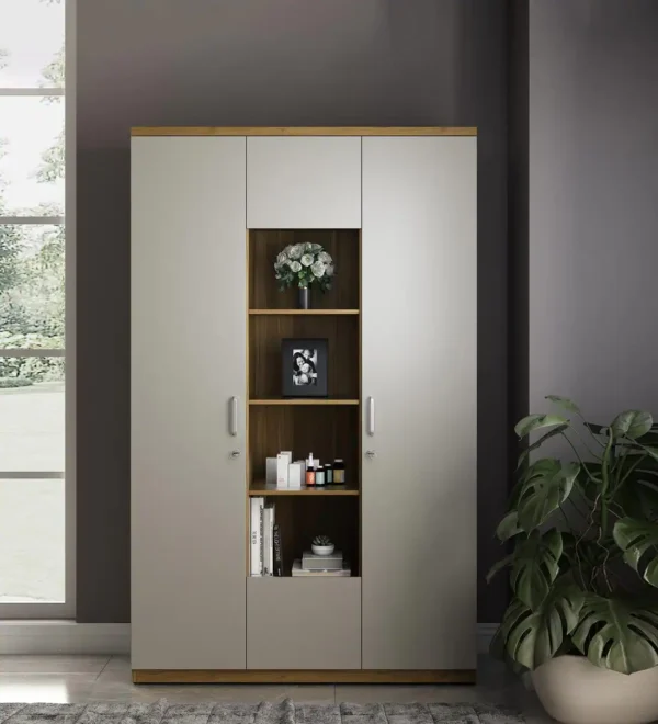 Kosmo Flexton 3 Door Wardrobe In Modern Ash & Natural Teak Finish With Drawer